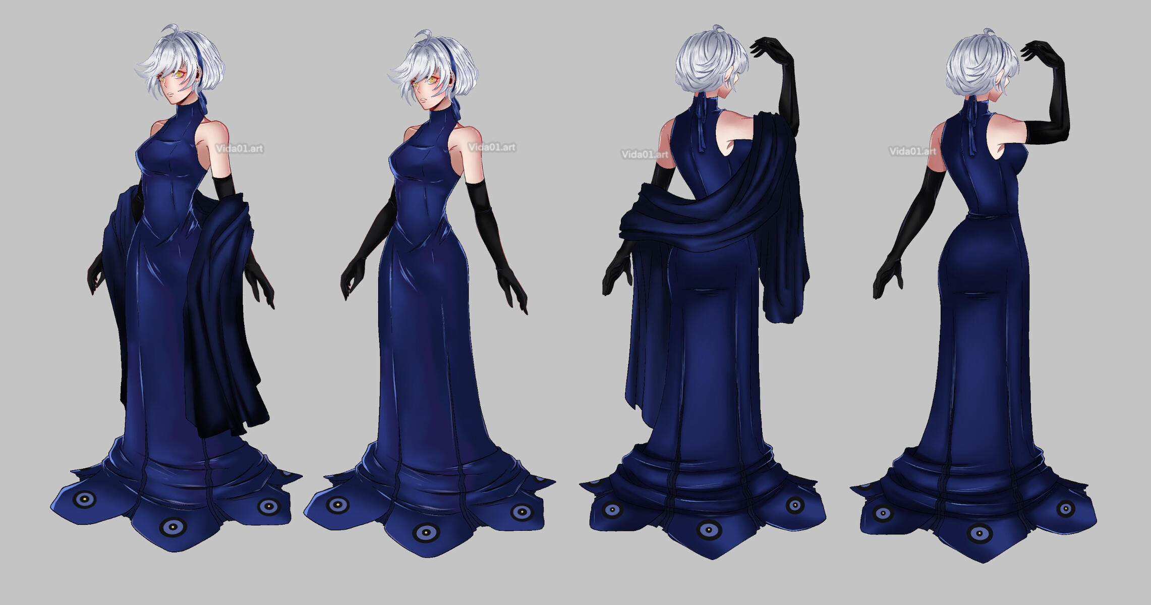 The part of the dress hanging on the floor moves along with her as she moves. Think like Grim's cloak from Billy &amp; Mandy.