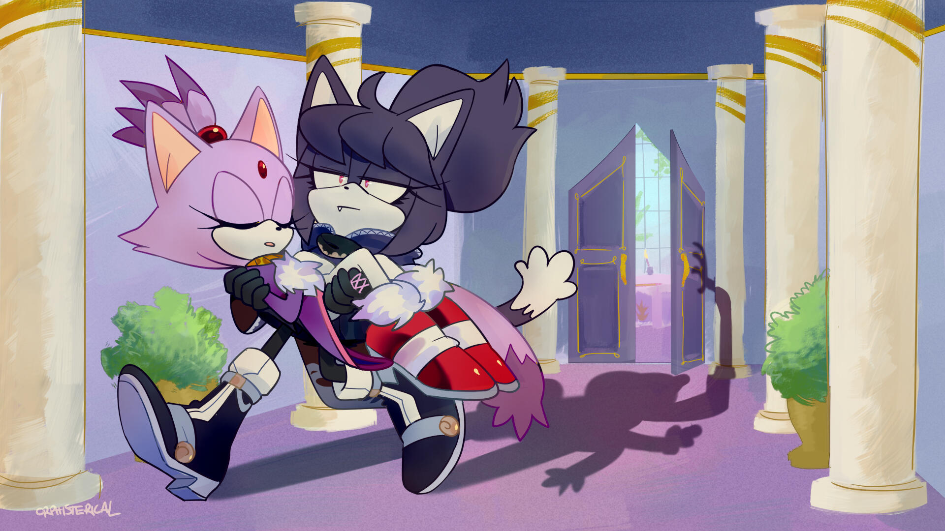 Blaze, yet again, has fallen asleep in her office overnight. And Shae, yet again, is bringing her to her room.
